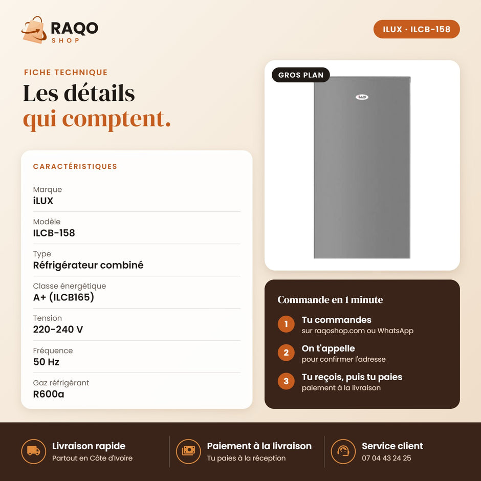 Réfrigérateur Combiné iLUX – 158 L – 3 Tiroirs - RAQO (fiche technique)