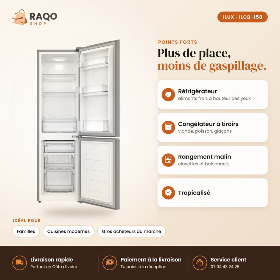 Réfrigérateur Combiné iLUX – 158 L – 3 Tiroirs - RAQO (points forts)