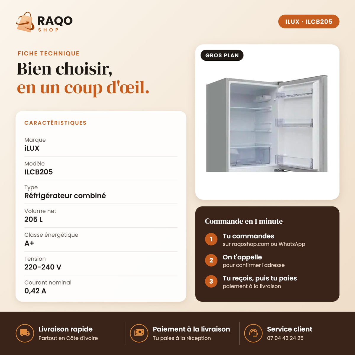 Réfrigérateur Combiné iLUX – 205 L – 2 Tiroirs - RAQO (fiche technique)