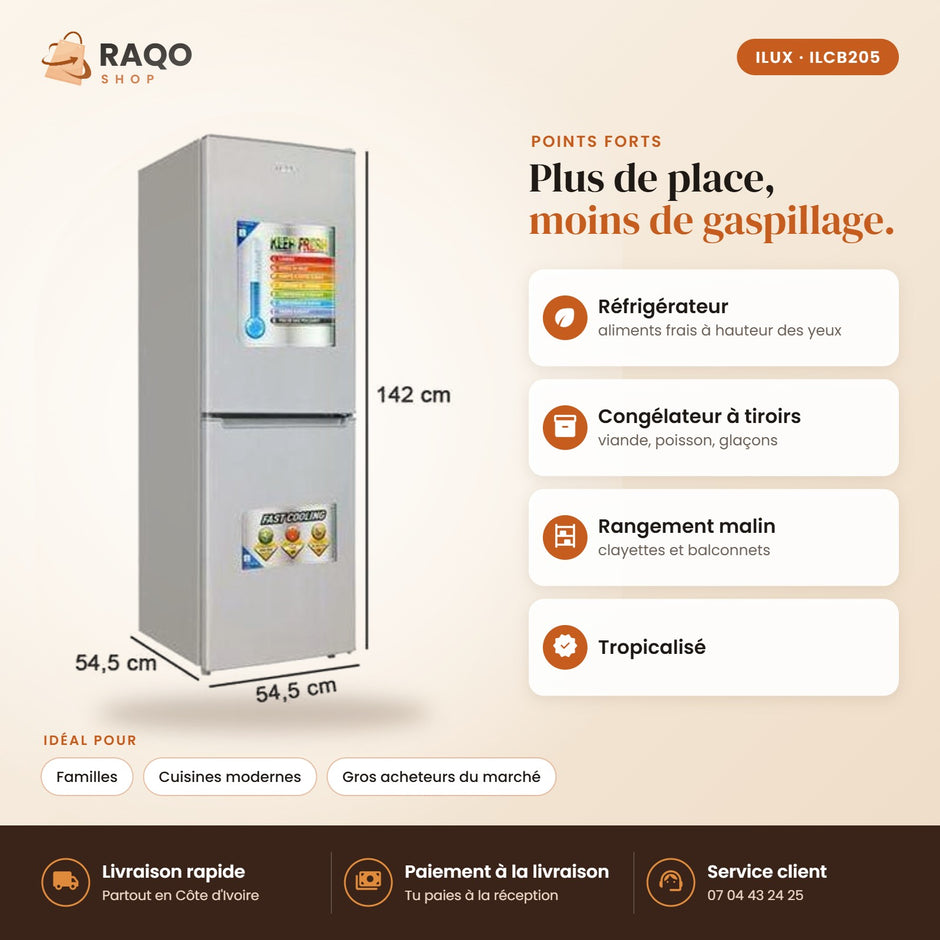 Réfrigérateur Combiné iLUX – 205 L – 2 Tiroirs - RAQO (points forts)