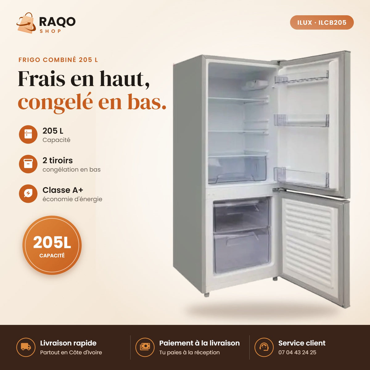 Réfrigérateur Combiné iLUX – 205 L – 2 Tiroirs - RAQO