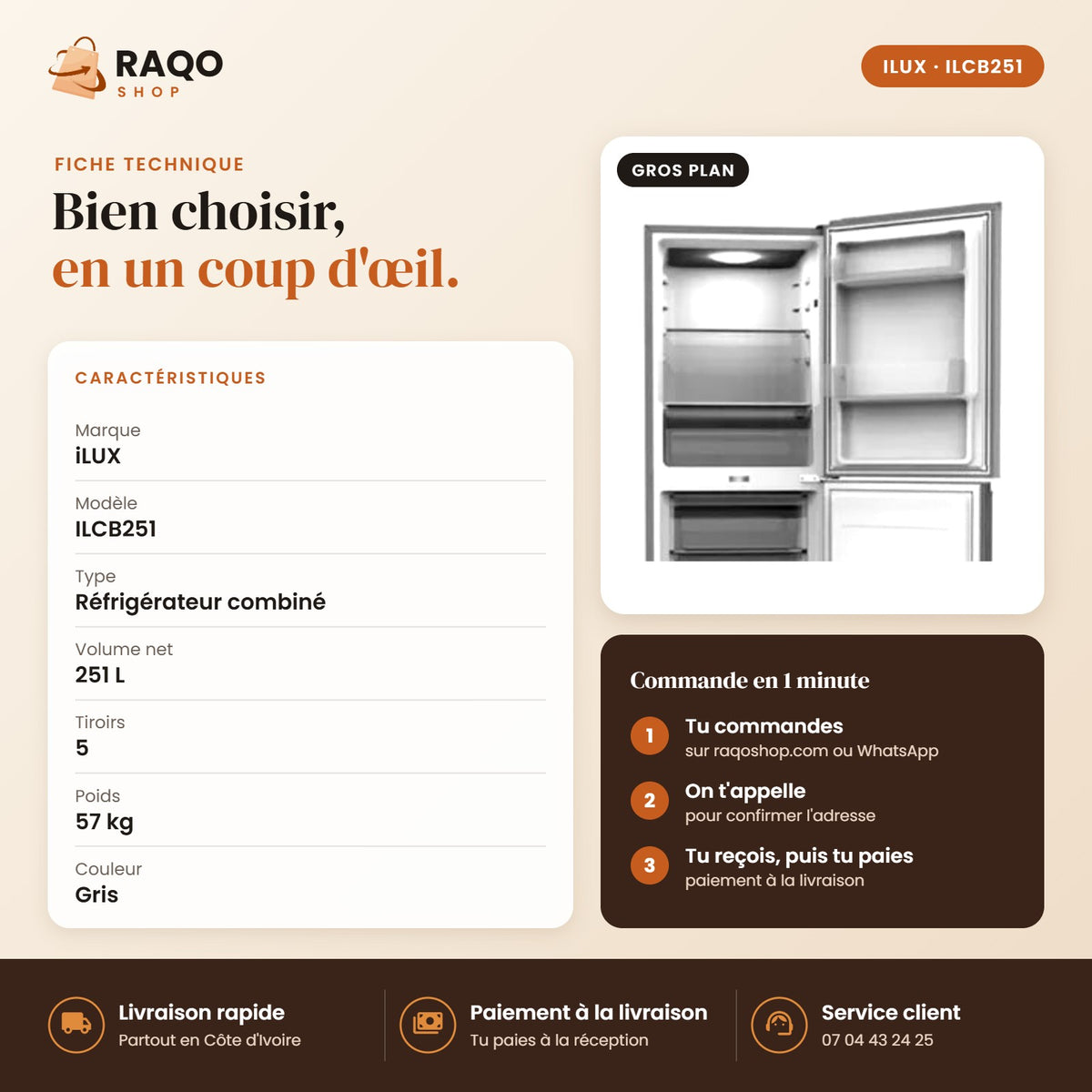 Réfrigérateur Combiné iLUX – 251 L – 5 Tiroirs - RAQO (fiche technique)