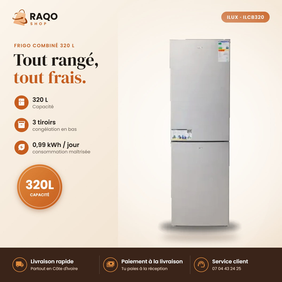 Réfrigérateur Combiné iLUX – 320 L – 3 Tiroirs - RAQO