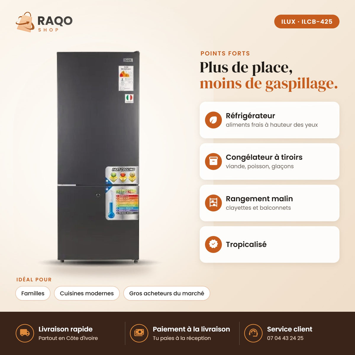 Réfrigérateur Combiné iLUX – 425 L – 3 Tiroirs - RAQO (points forts)