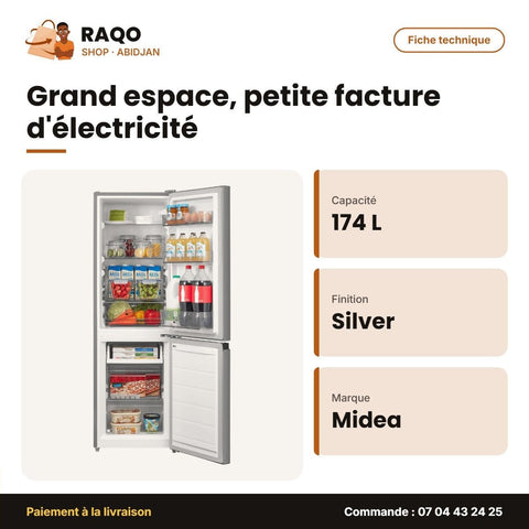 Réfrigérateur Combiné Midea – 2TIROIRS – 174L (115LT+59LT) – Silver-Argent | MDRB241FGF50 - RAQO