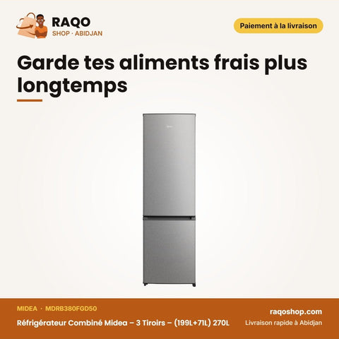 Réfrigérateur Combiné Midea – 3 Tiroirs – (199L+71L) 270L – Silver | MDRB380FGD50 - RAQO