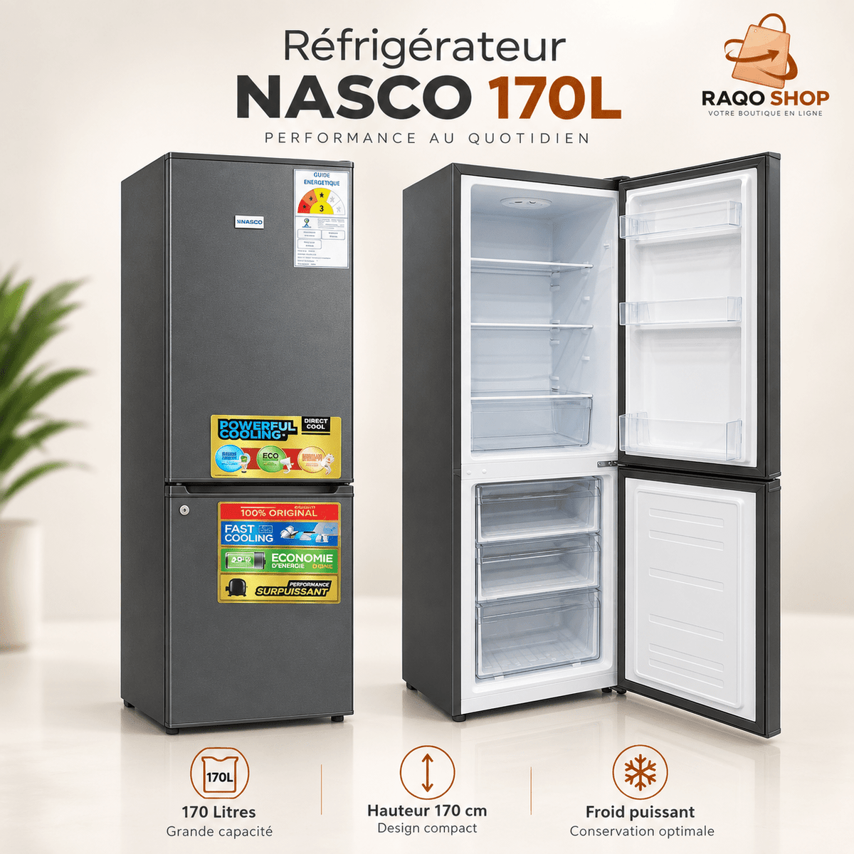 Réfrigérateur Combiné NASCO 170L – SNASD2-250 - RAQO