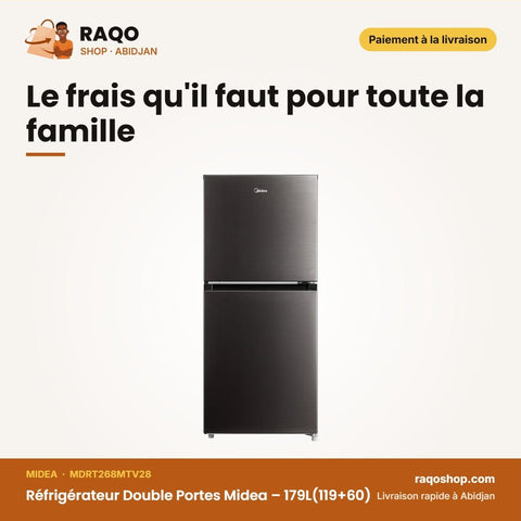 Réfrigérateur Double Portes Midea – 179L(119+60) – Smart Cool. – Jazz Black | MDRT268MTV28 - RAQO