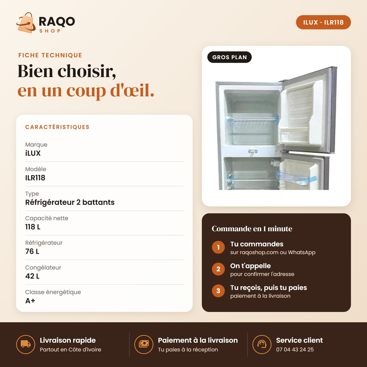 Réfrigérateur iLUX – 118 L - RAQO (fiche technique)
