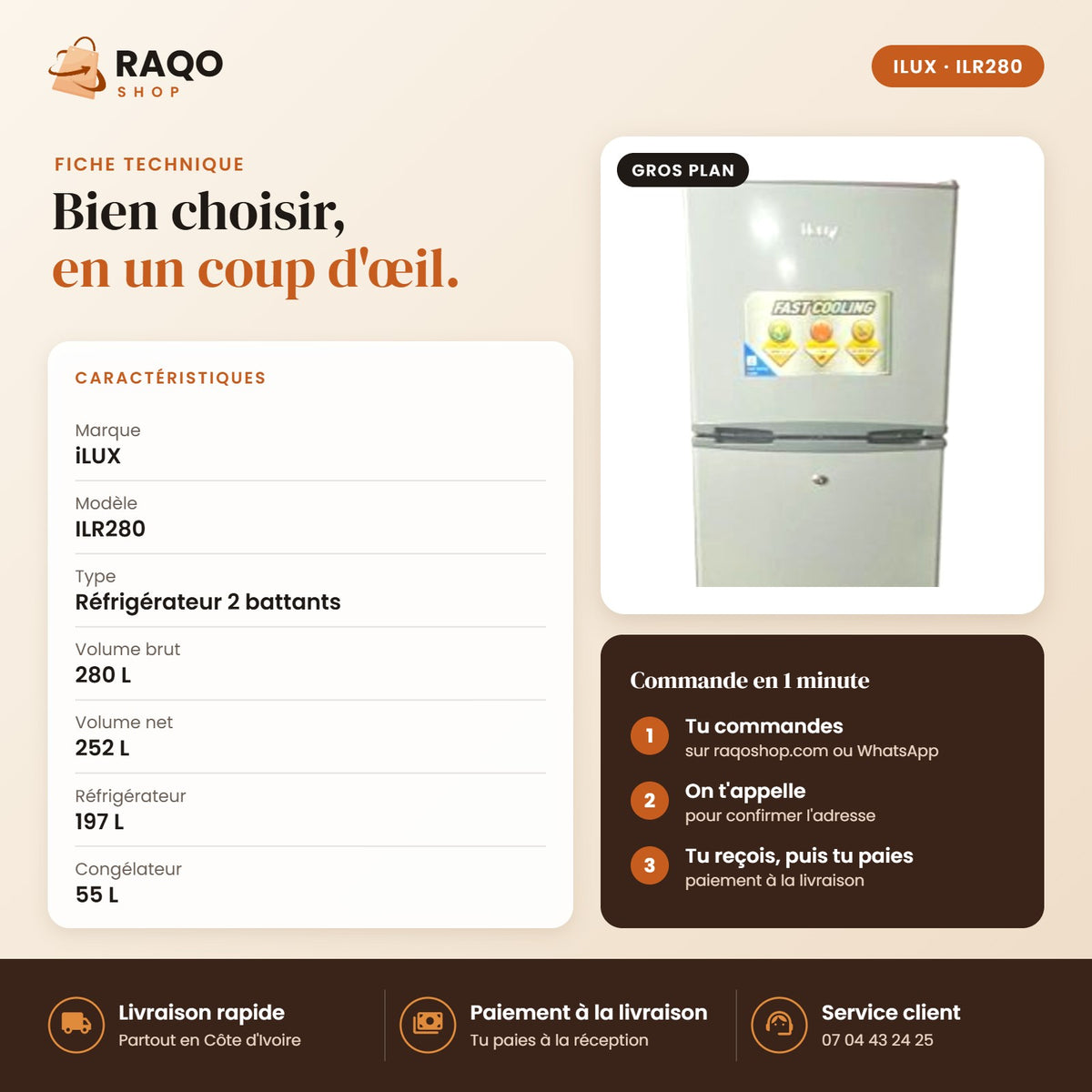Réfrigérateur iLUX – 280 L - RAQO (fiche technique)
