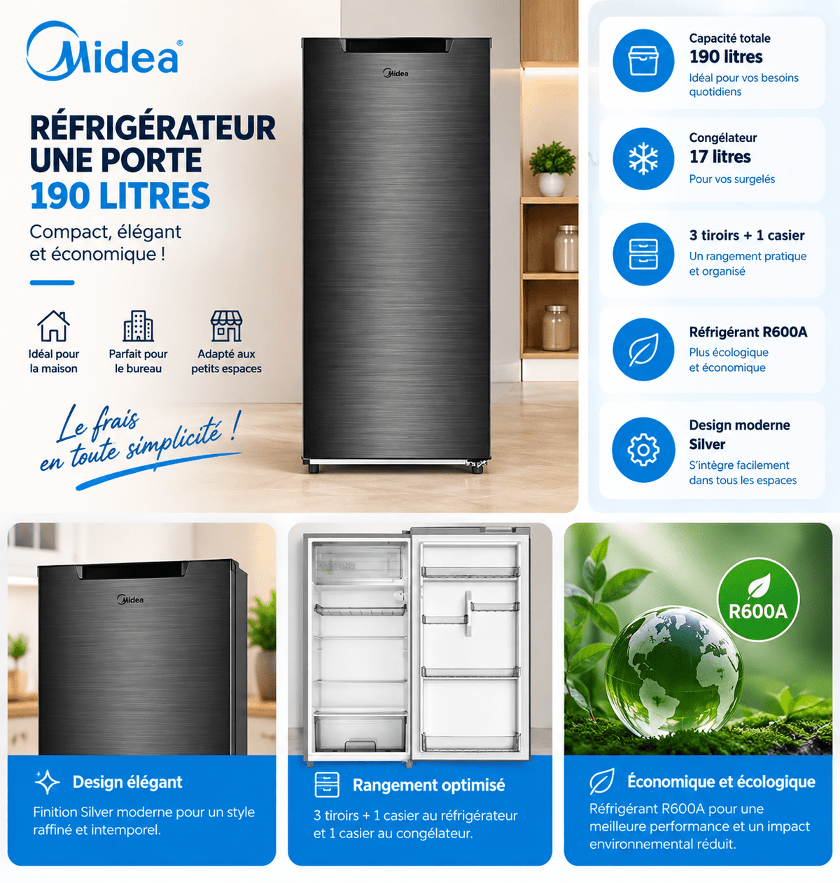 Réfrigérateur Midea 1 Porte 190L Silver – MDRD268FGG50 - RAQO