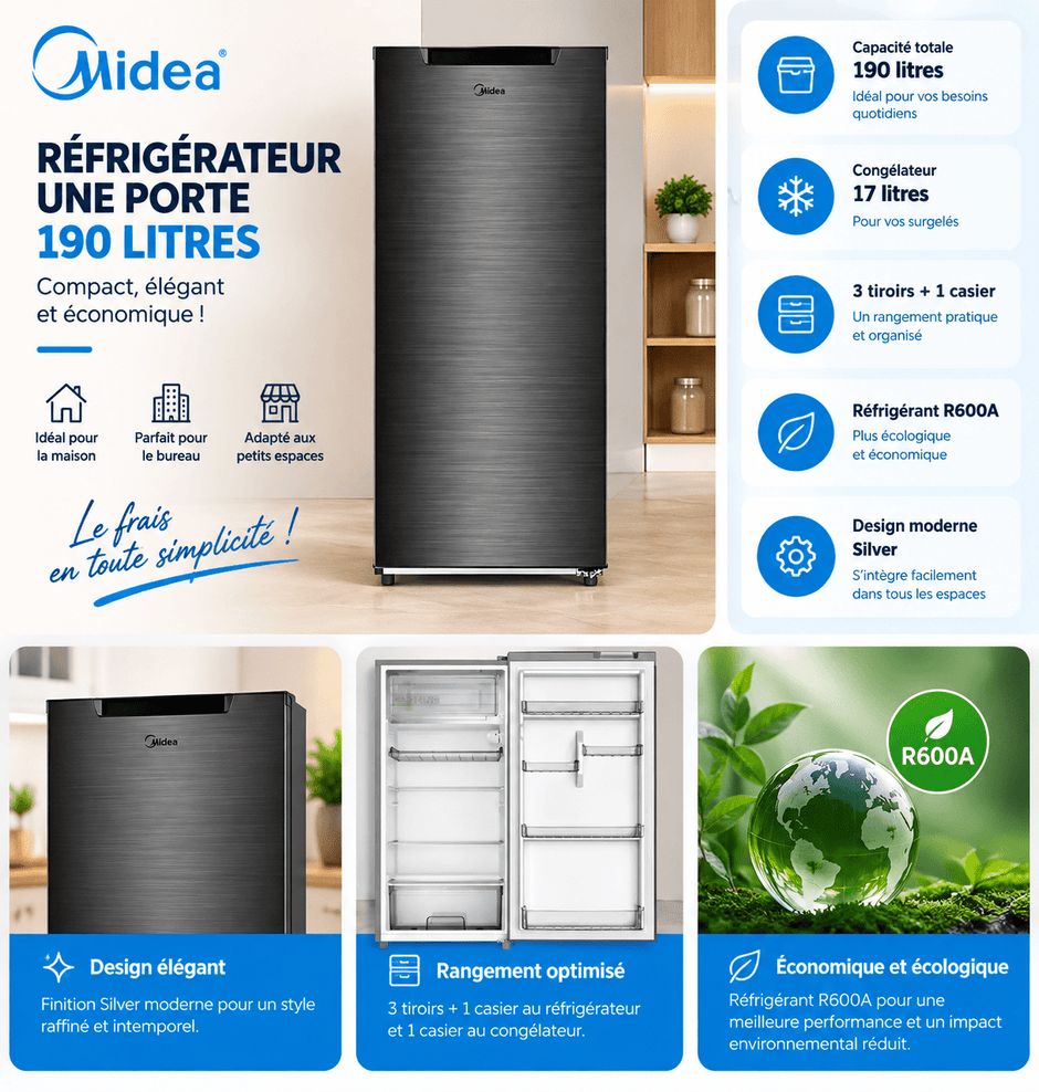 Réfrigérateur Midea 1 Porte 190L Silver – MDRD268FGG50 - RAQO