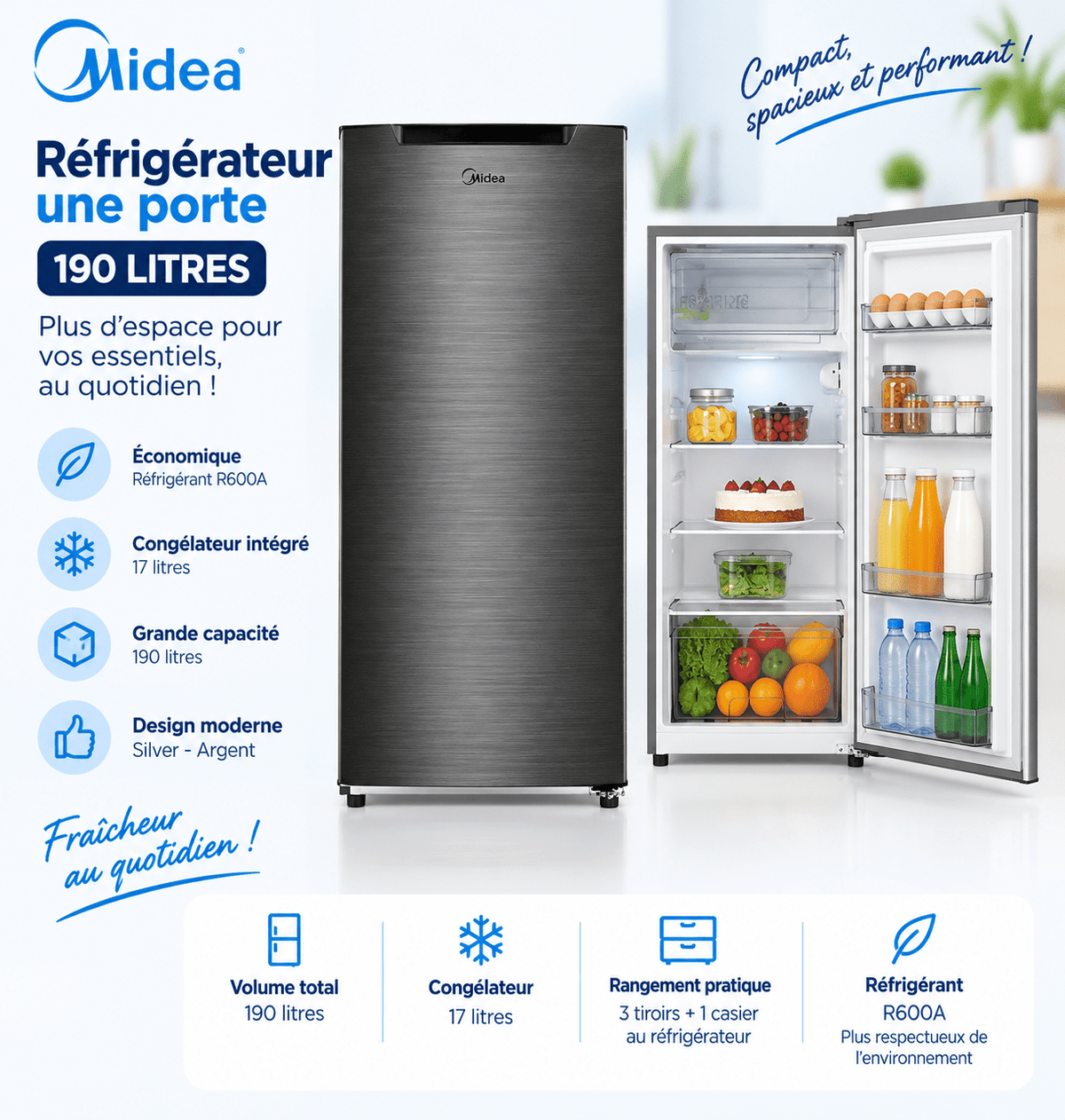 Réfrigérateur Midea 1 Porte 190L Silver – MDRD268FGG50 - RAQO