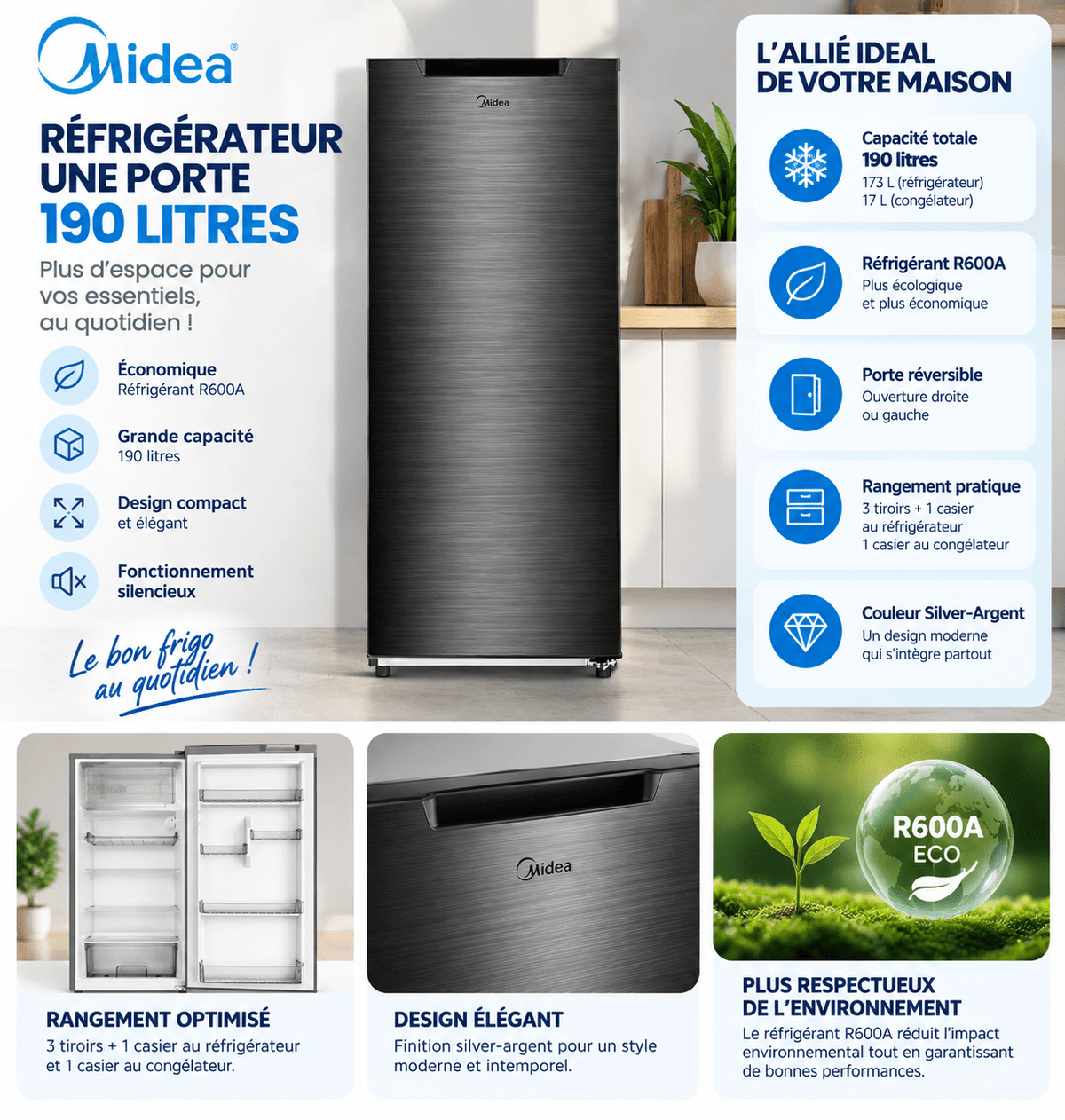 Réfrigérateur Midea 1 Porte 190L Silver – MDRD268FGG50 - RAQO