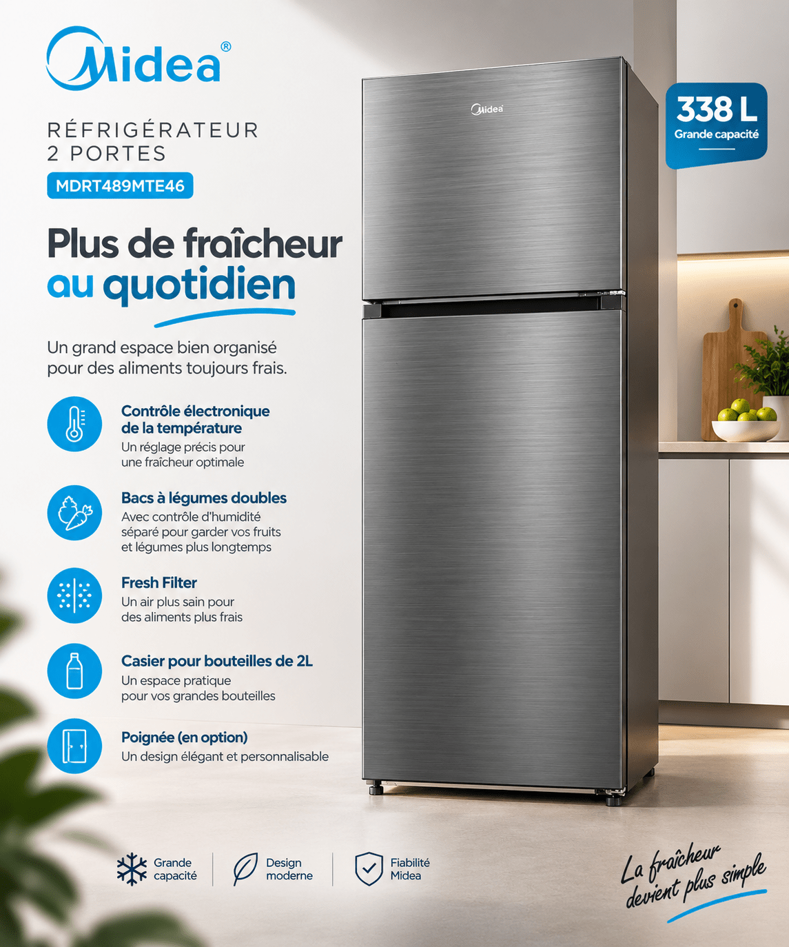 Réfrigérateur Midea 2 Portes 338L Bru Steel – MDRT489MTE46 - RAQO