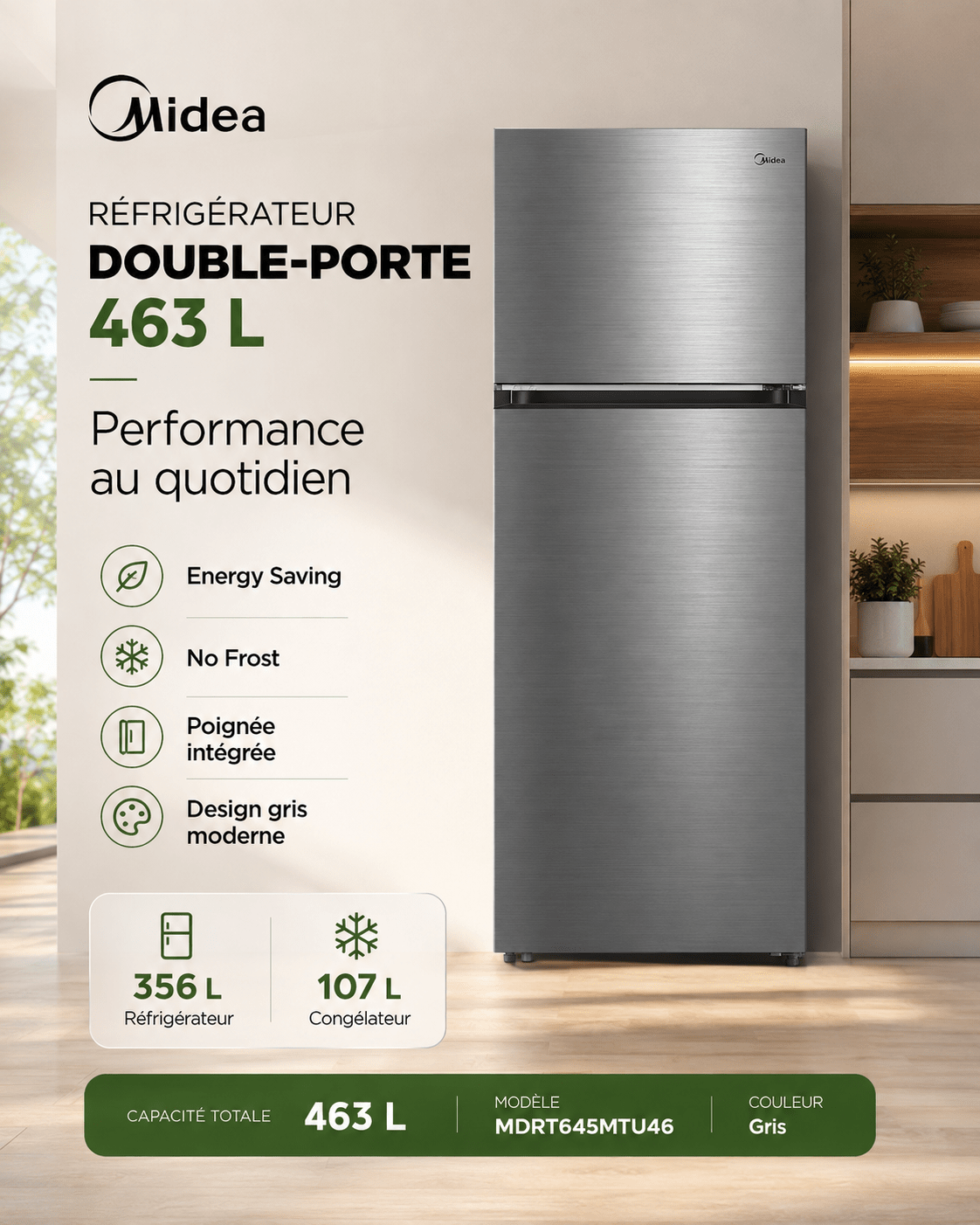 Réfrigérateur Midea Double Porte 463L No Frost – MDRT645MTU46 - RAQO