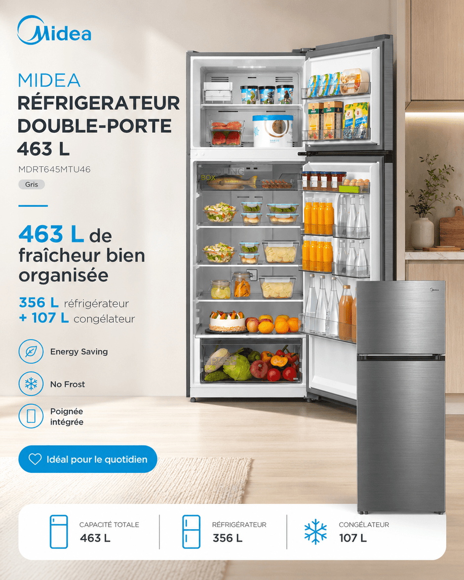 Réfrigérateur Midea Double Porte 463L No Frost – MDRT645MTU46 - RAQO
