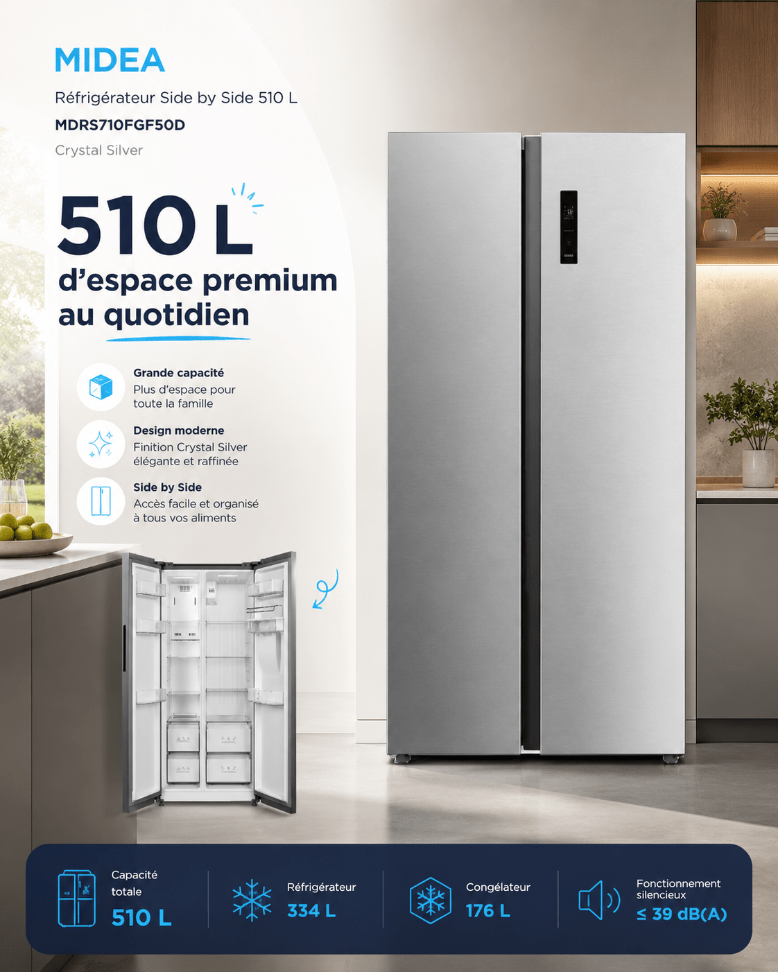Réfrigérateur Midea Side by Side 510L Crystal Silver – MDRS710FGF50D - RAQO