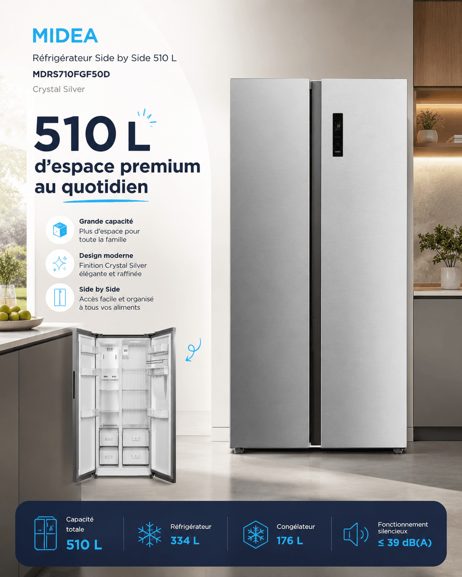 Réfrigérateur Midea Side by Side 510L Crystal Silver – MDRS710FGF50D - RAQO