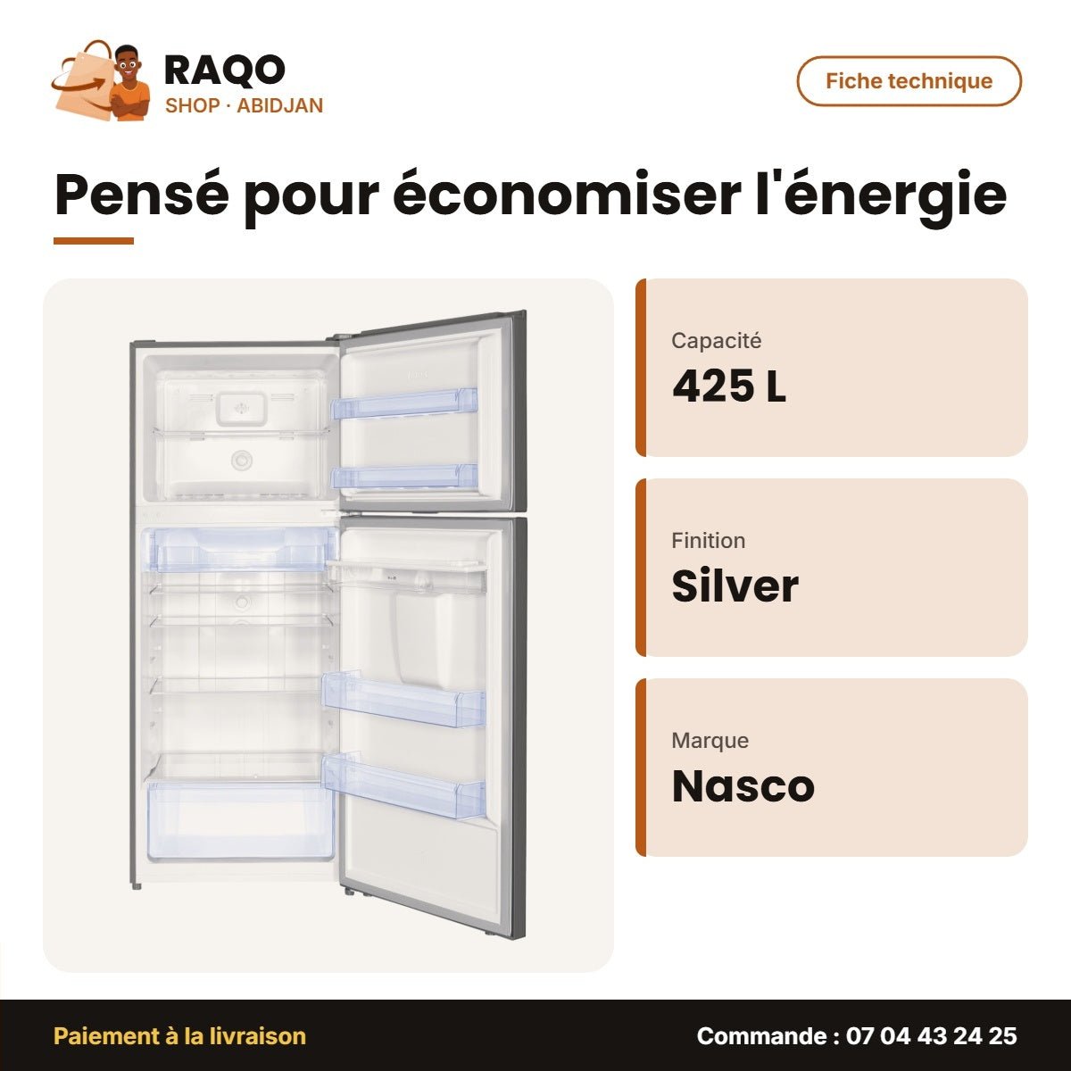 Réfrigérateur Nasco – Silver – No Frost – 425L Net (330LT+95LT) | HNASFC2-54D - RAQO