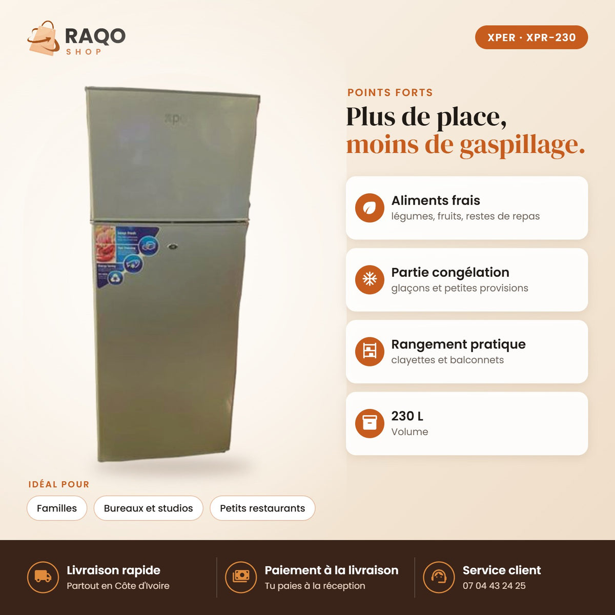 Réfrigérateur XPER – 230 L - RAQO (points forts)