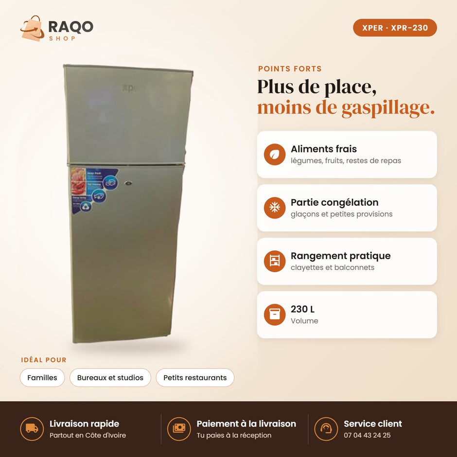 Réfrigérateur XPER – 230 L - RAQO (points forts)