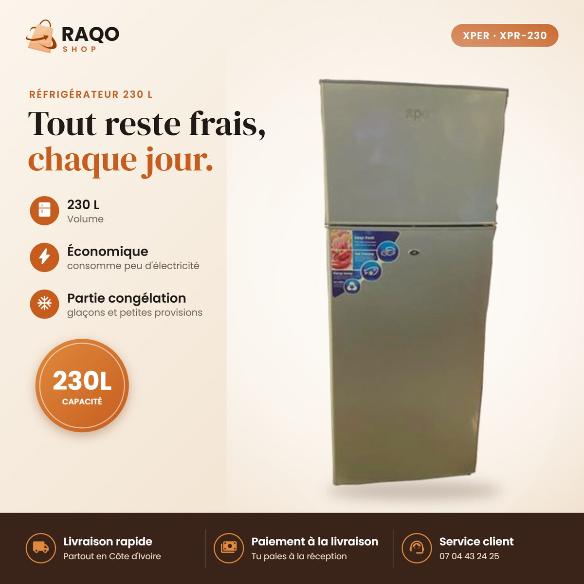 Réfrigérateur XPER – 230 L - RAQO