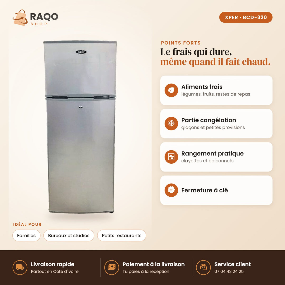 Réfrigérateur XPER – 320 L - RAQO (points forts)