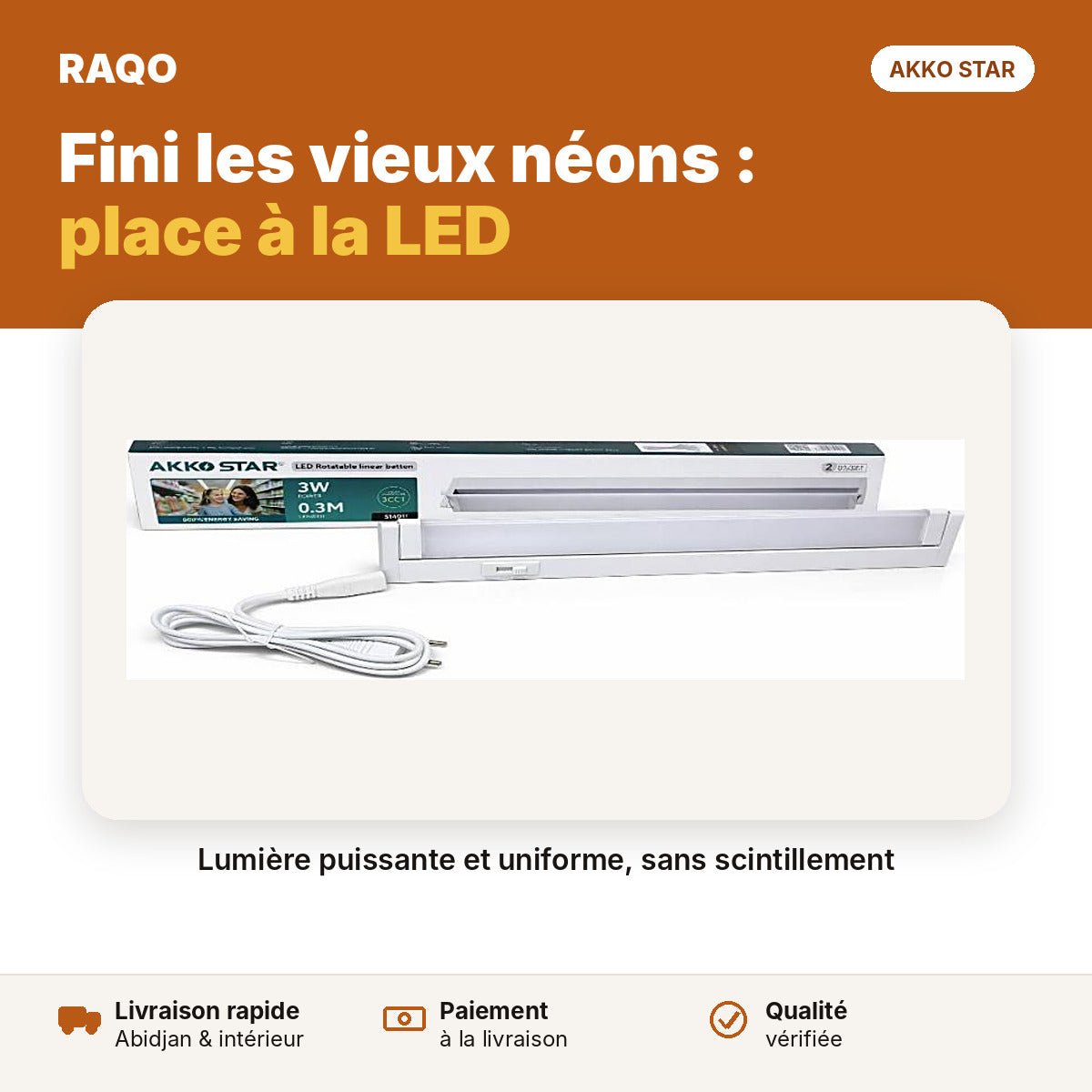 Réglette LED 0,3 m 3W avec interrupteur – 3 couleurs | Akko Star - RAQO