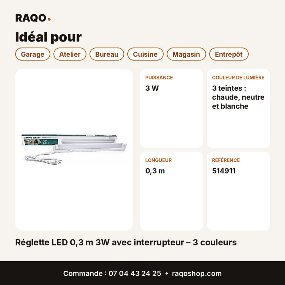 Réglette LED 0,3 m 3W avec interrupteur – 3 couleurs | Akko Star - RAQO
