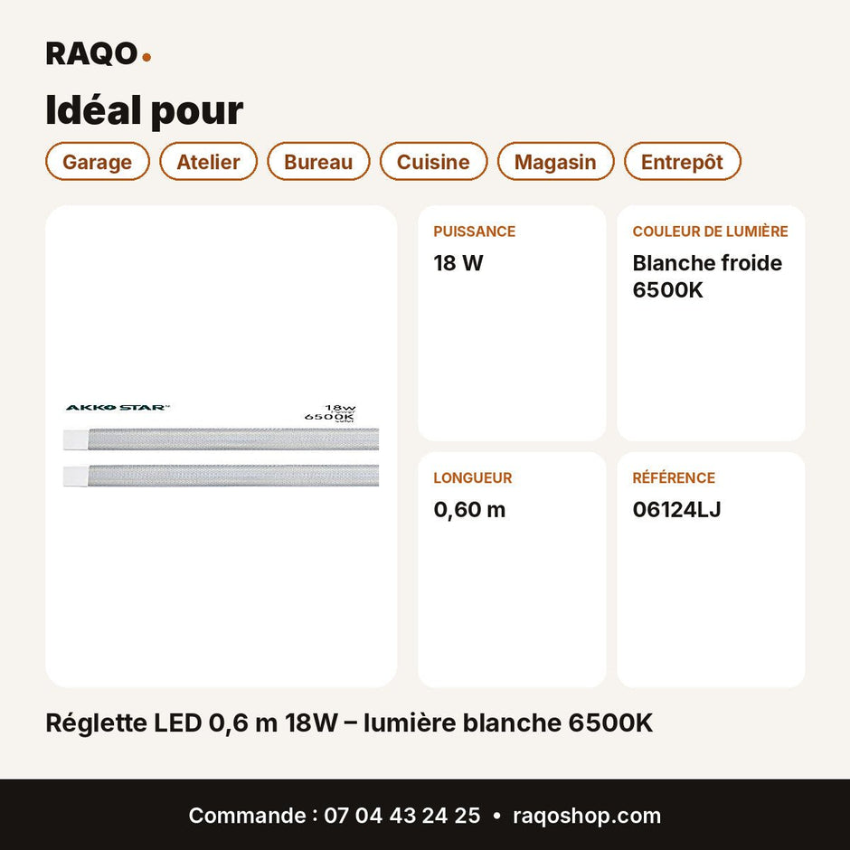 Réglette LED 0,6 m 18W – lumière blanche 6500K | Akko Star - RAQO