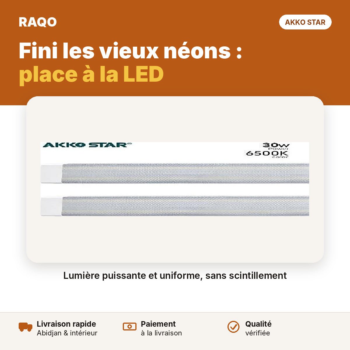 Réglette LED 0,6 m 30W – lumière blanche 6500K | Akko Star - RAQO