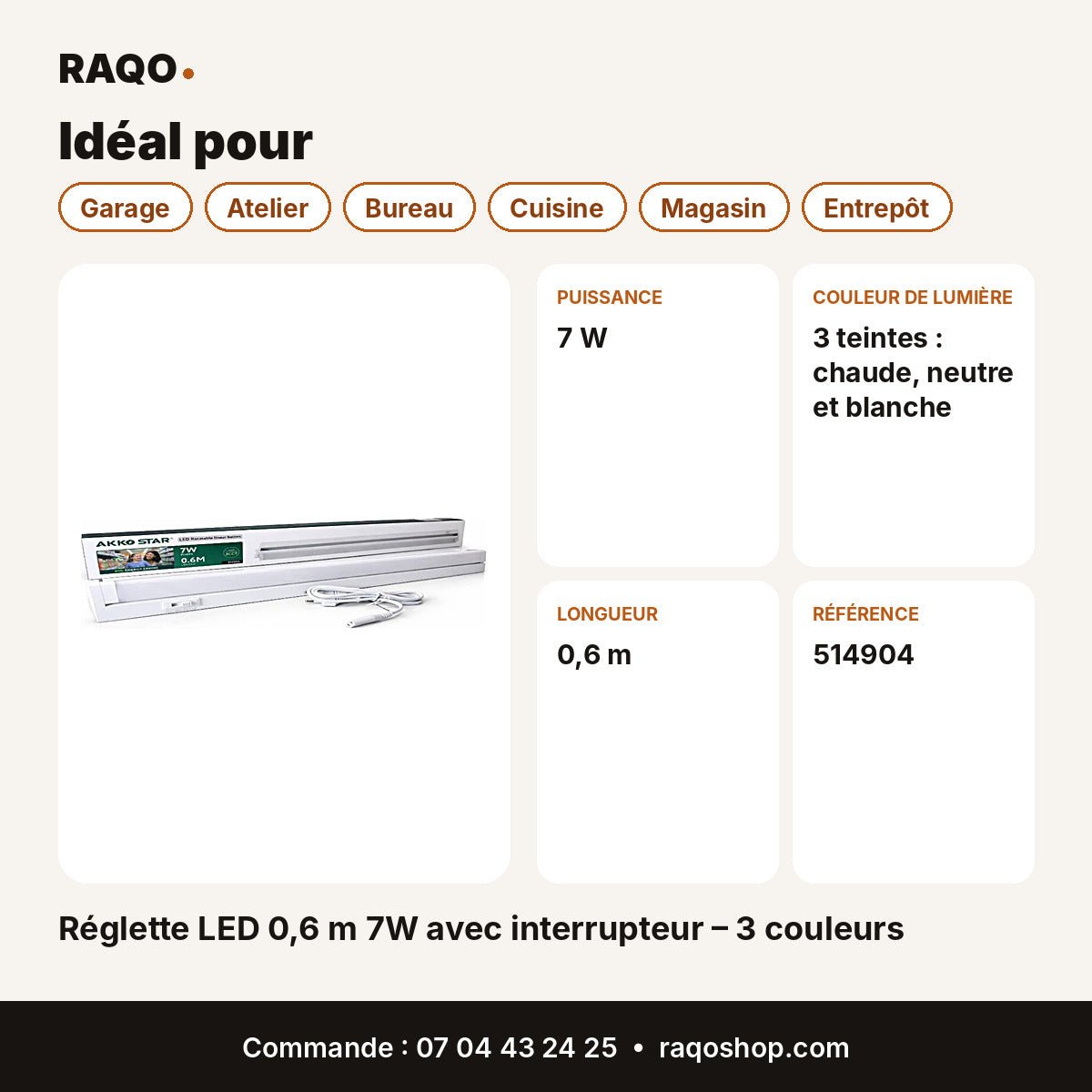 Réglette LED 0,6 m 7W avec interrupteur – 3 couleurs | Akko Star - RAQO