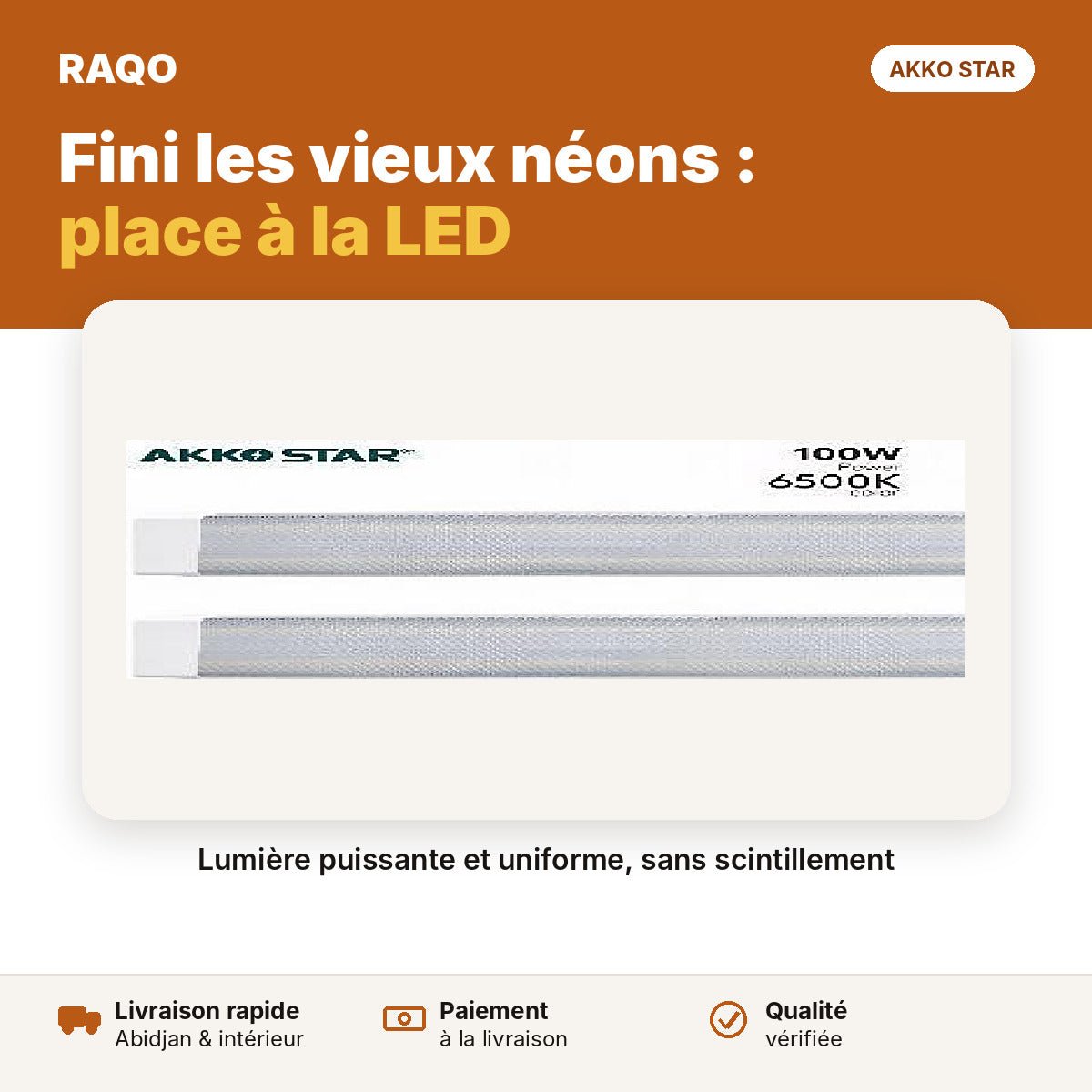 Réglette LED 1,2 m 100W diffuseur transparent – 6500K | Akko Star - RAQO