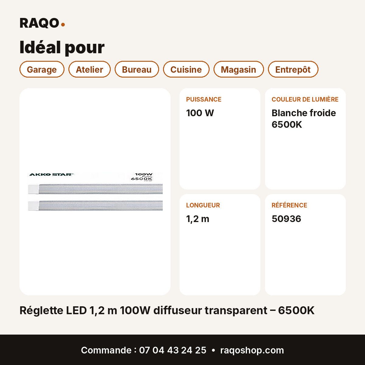 Réglette LED 1,2 m 100W diffuseur transparent – 6500K | Akko Star - RAQO
