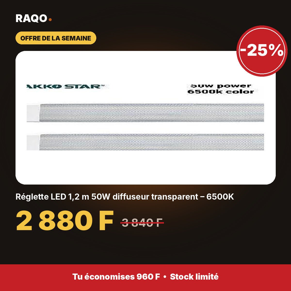 Réglette LED 1,2 m 50W diffuseur transparent – 6500K | Akko Star - RAQO