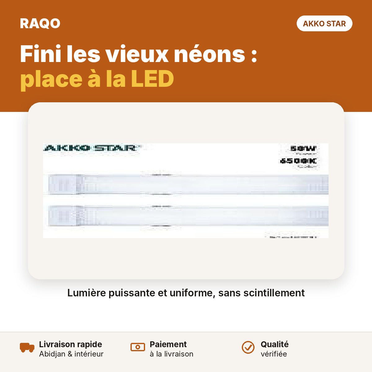 Réglette LED 1,2 m 50W transparent – lumière jaune 3000K | Akko Star - RAQO
