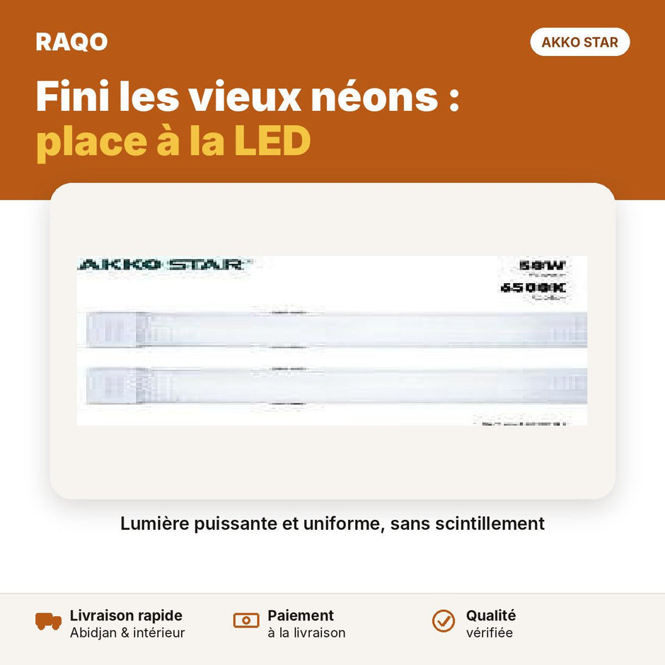 Réglette LED 1,2 m 50W transparent – lumière jaune 3000K | Akko Star - RAQO