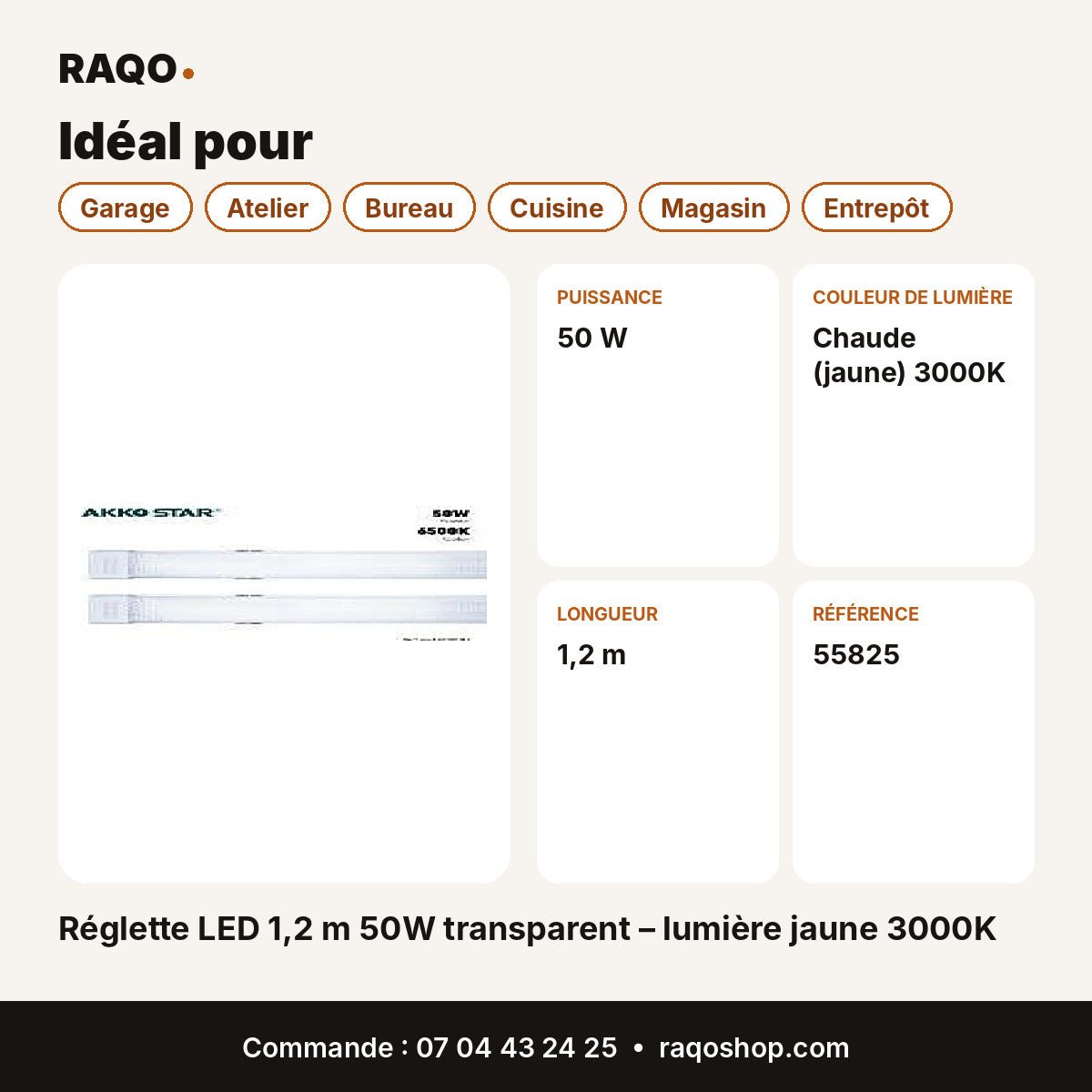 Réglette LED 1,2 m 50W transparent – lumière jaune 3000K | Akko Star - RAQO