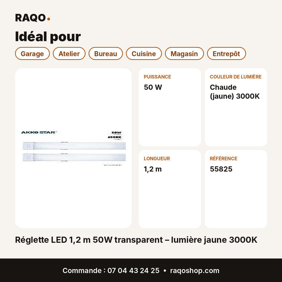 Réglette LED 1,2 m 50W transparent – lumière jaune 3000K | Akko Star - RAQO