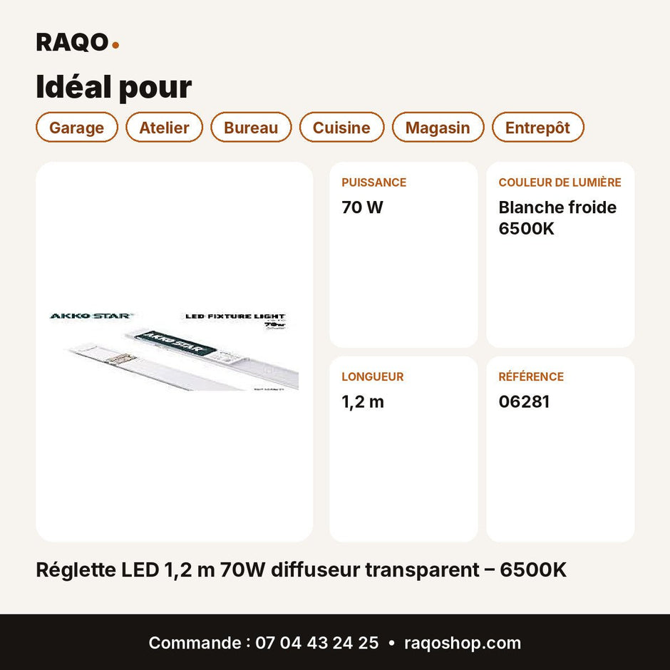 Réglette LED 1,2 m 70W diffuseur transparent – 6500K | Akko Star - RAQO
