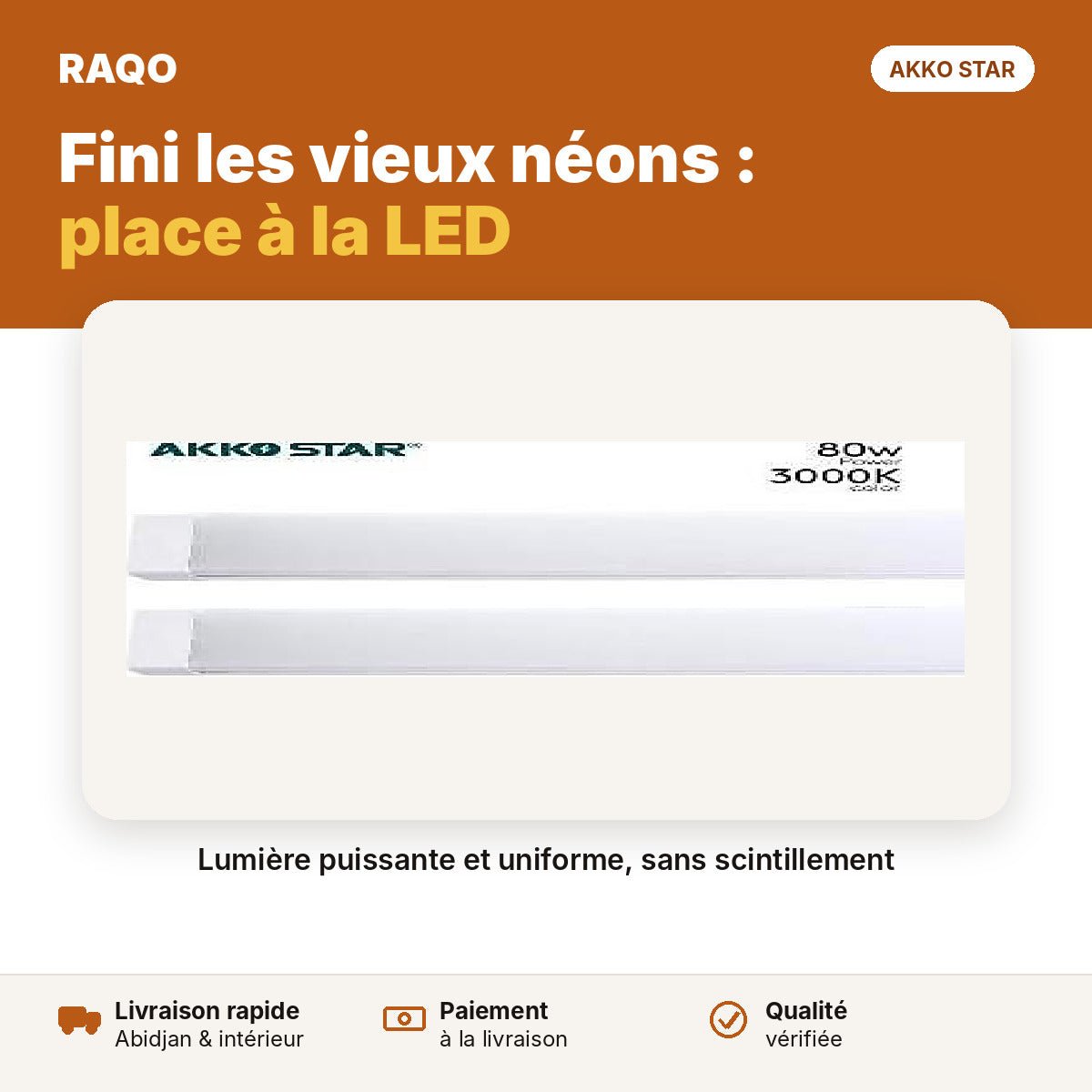 Réglette LED 1,2 m 80W diffuseur blanc – 6500K | Akko Star - RAQO