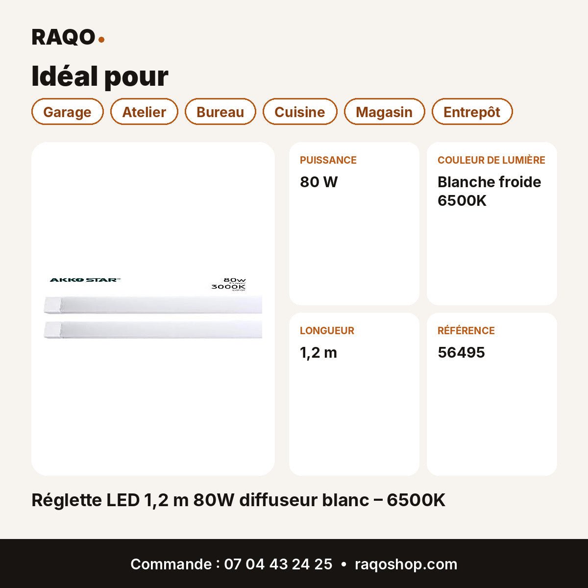 Réglette LED 1,2 m 80W diffuseur blanc – 6500K | Akko Star - RAQO