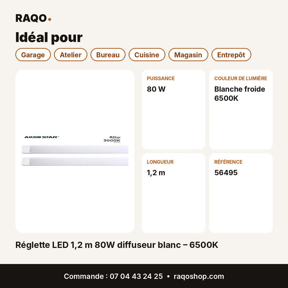 Réglette LED 1,2 m 80W diffuseur blanc – 6500K | Akko Star - RAQO