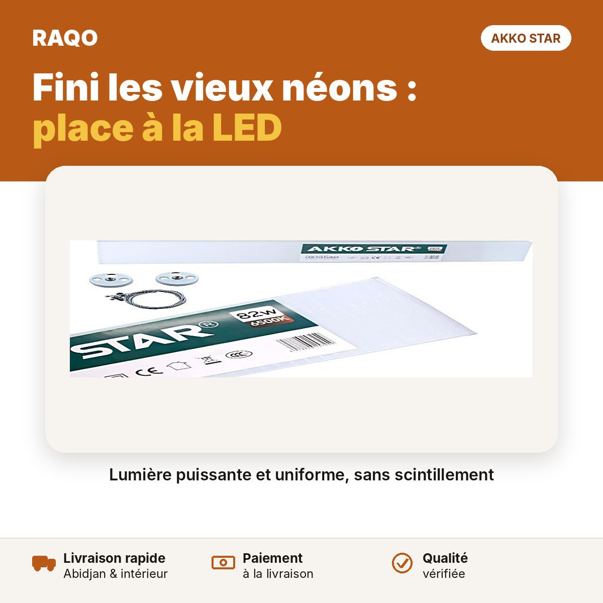 Réglette LED 1,2 m 82W haute luminosité – 6500K | Akko Star - RAQO