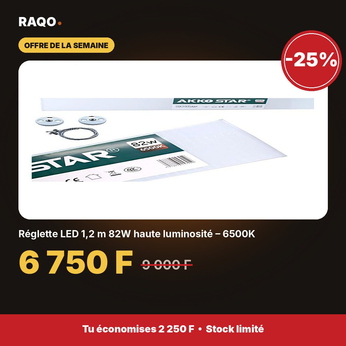 Réglette LED 1,2 m 82W haute luminosité – 6500K | Akko Star - RAQO