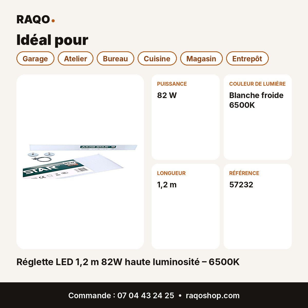 Réglette LED 1,2 m 82W haute luminosité – 6500K | Akko Star - RAQO