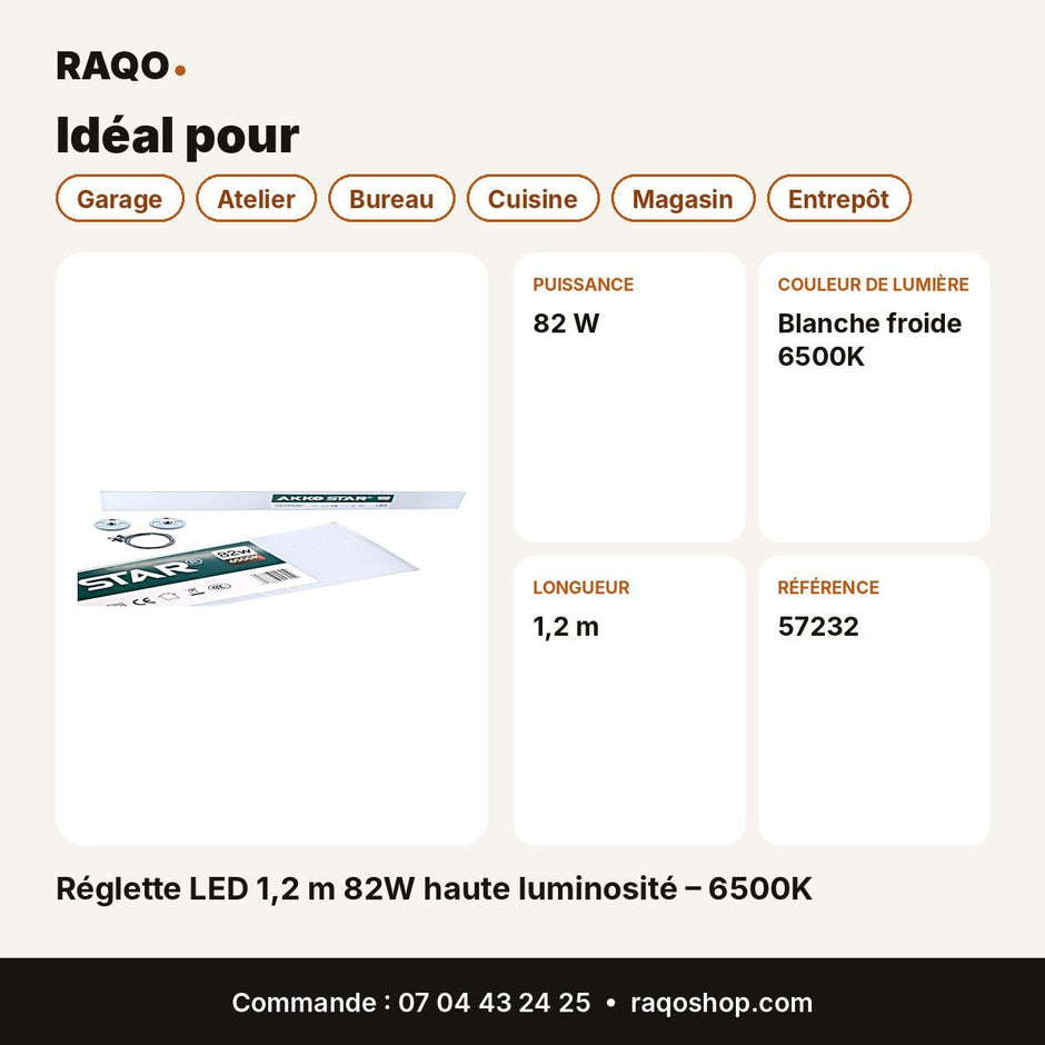 Réglette LED 1,2 m 82W haute luminosité – 6500K | Akko Star - RAQO