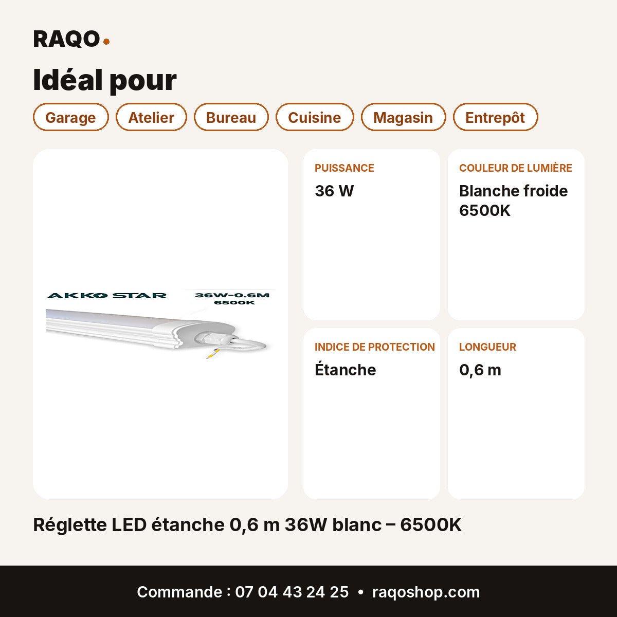 Réglette LED étanche 0,6 m 36W blanc – 6500K | Akko Star - RAQO