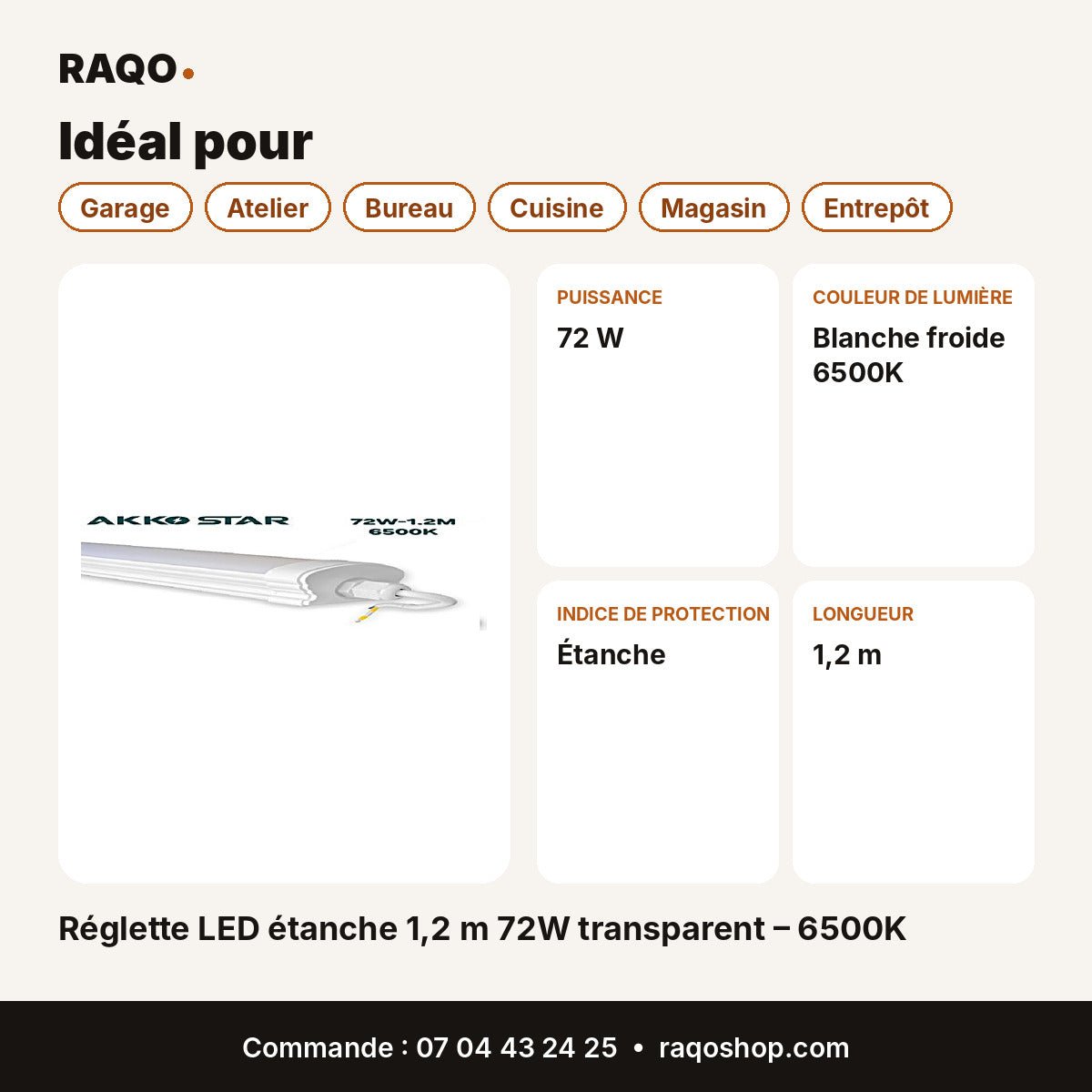 Réglette LED étanche 1,2 m 72W transparent – 6500K | Akko Star - RAQO